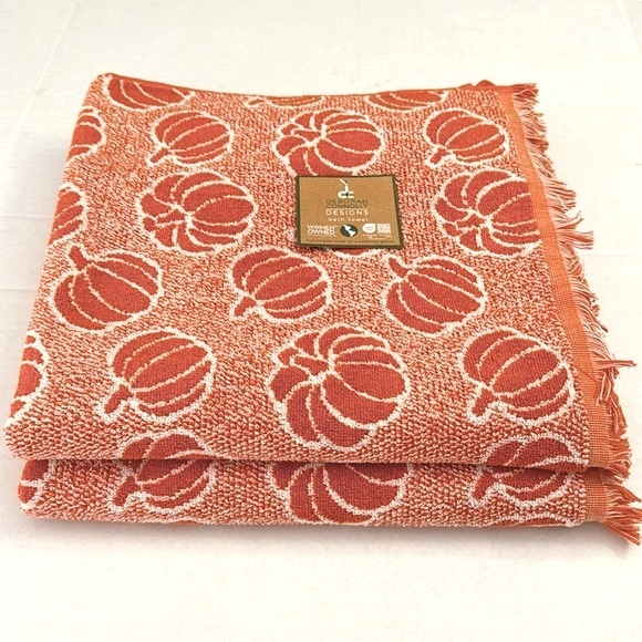 2pc Deborah Connolly Pumpkin Print Bath Towel Set With Fringe - Pump Min… - Picture 1 of 5